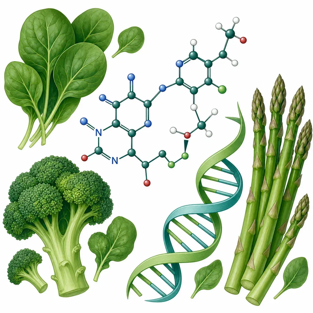 Épinards, brocoli et structure du méthylfolate illustrant l'acide folique (vitamine B9)