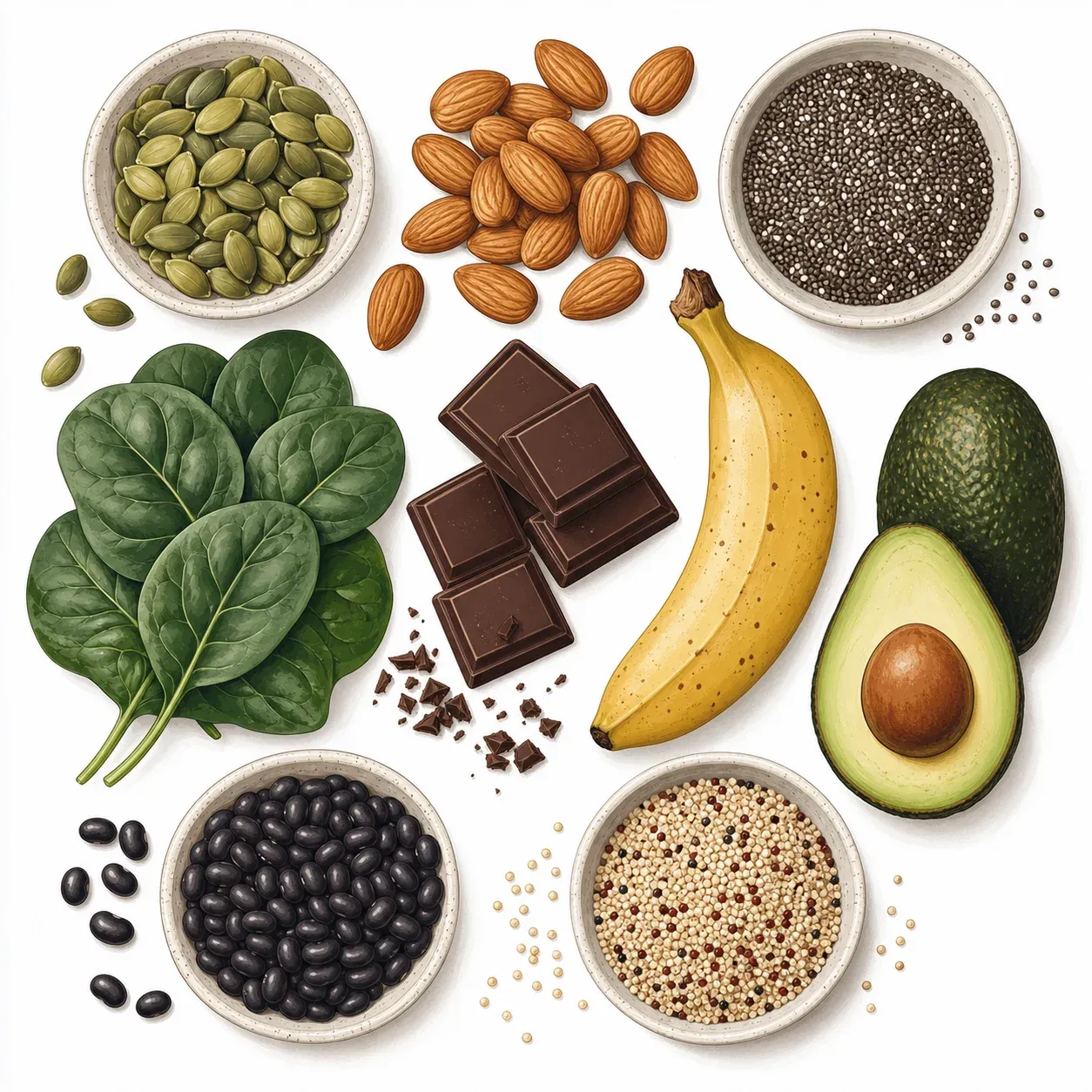 Graines de courge, amandes, épinards, chocolat noir, avocat et haricots noirs — principales sources de magnésium