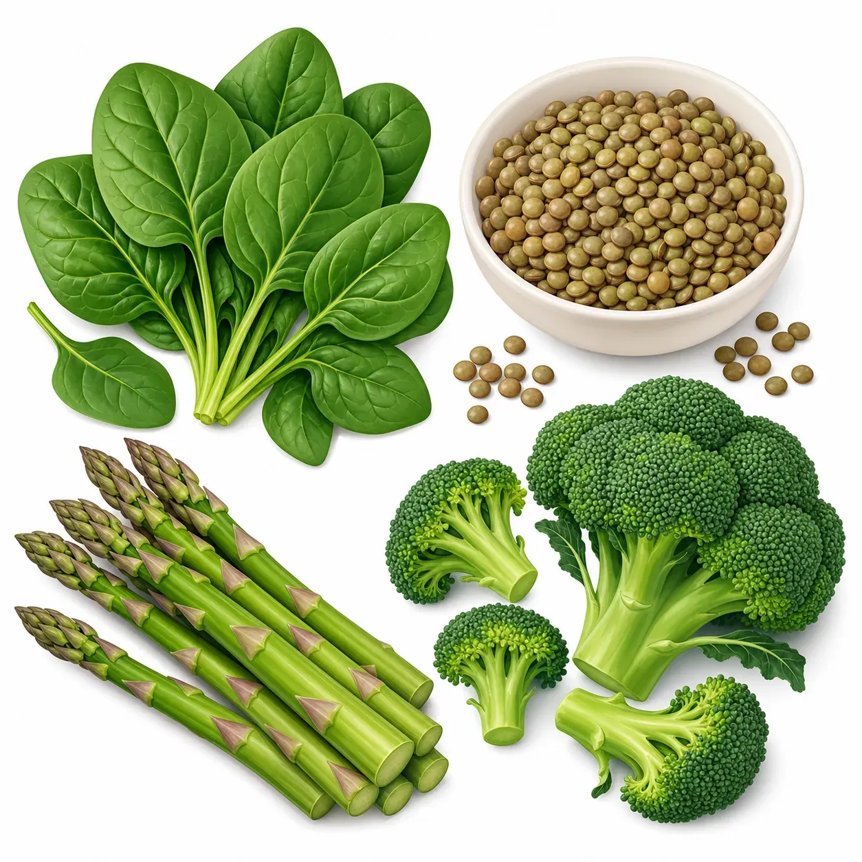 Illustration des aliments riches en folate vitamine B9 : épinards, lentilles, asperges et brocoli sur fond blanc