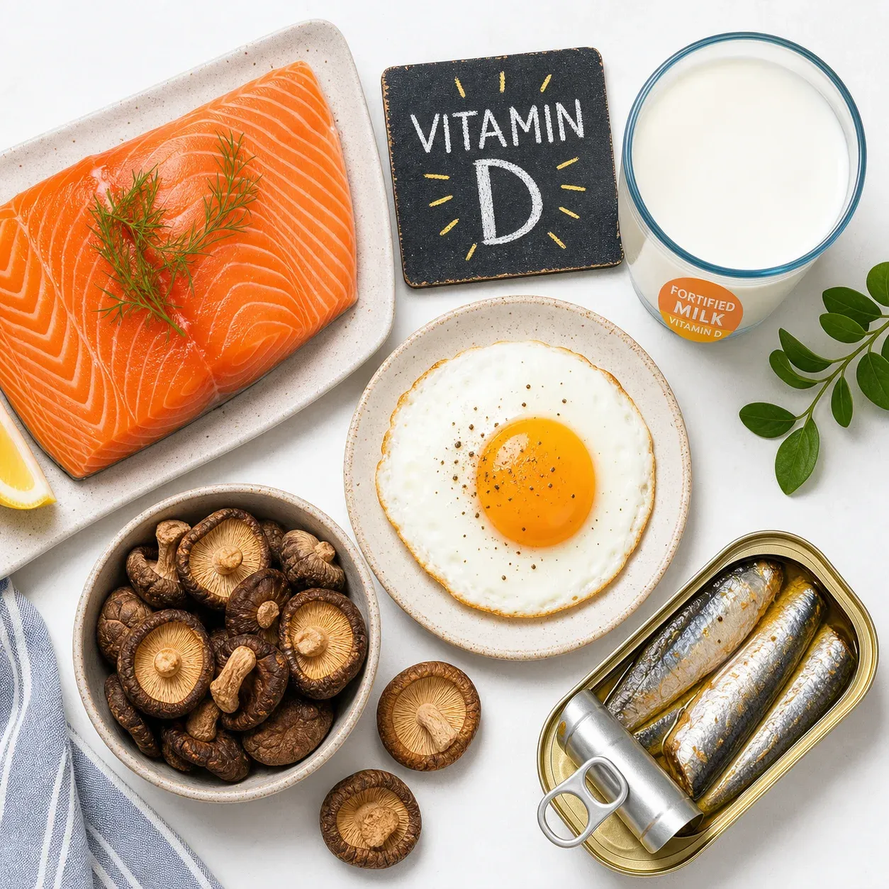 Illustration culinaire : saumon, œufs, champignons et sardines, principales sources alimentaires de vitamine D