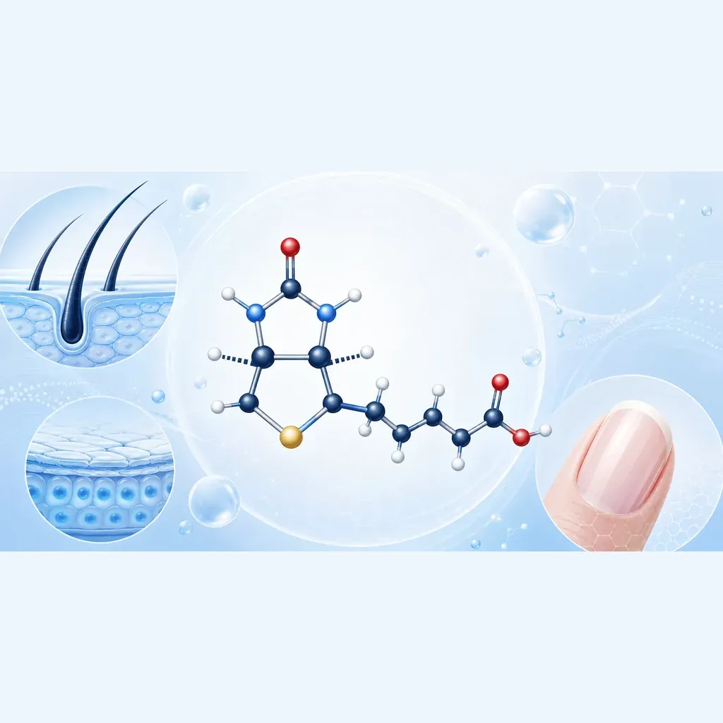 Molécule de biotine sur fond scientifique clair, avec follicules pileux, cellules de peau et ongle