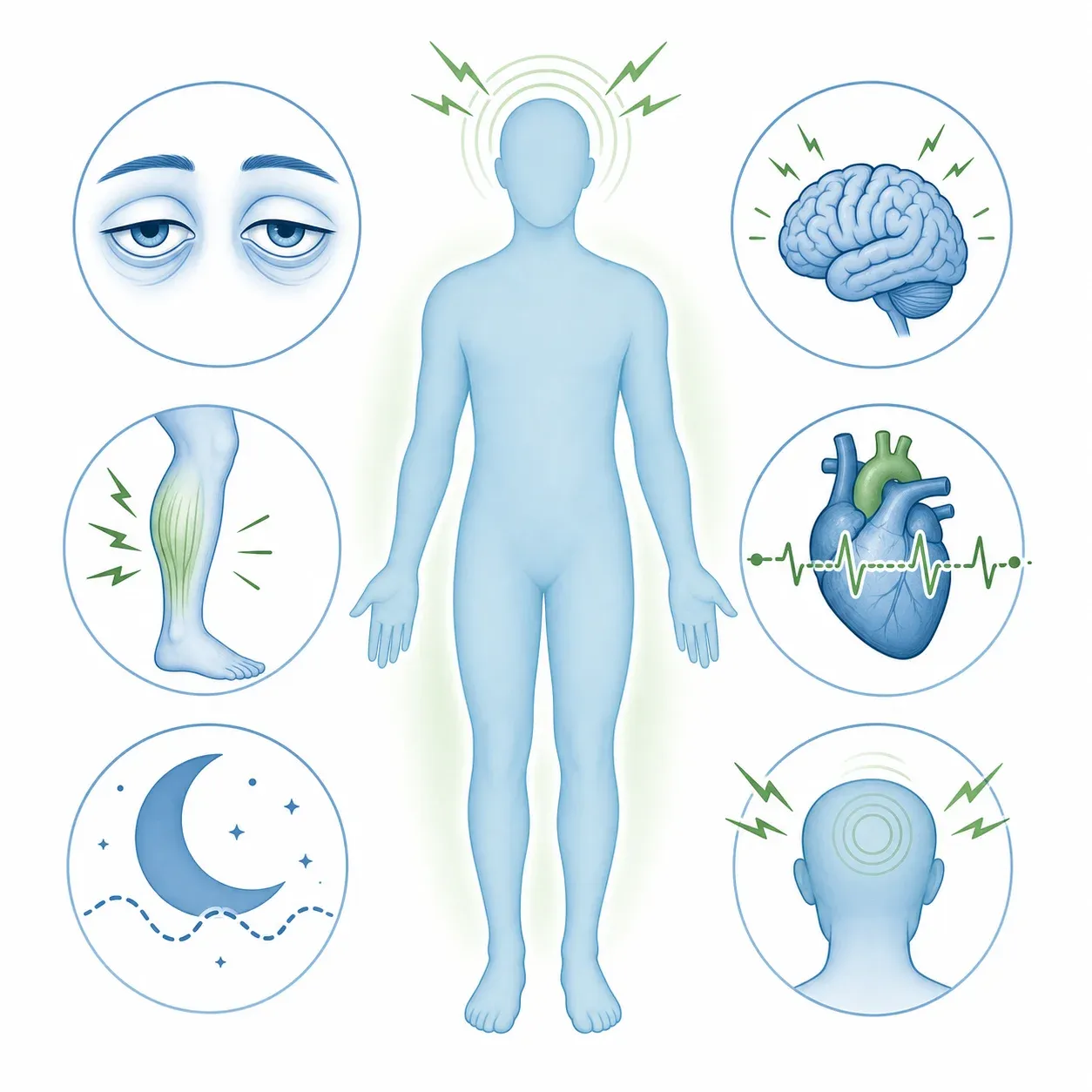 Silhouette humaine avec icônes des symptômes de carence en magnésium : crampes, fatigue, palpitations et insomnie