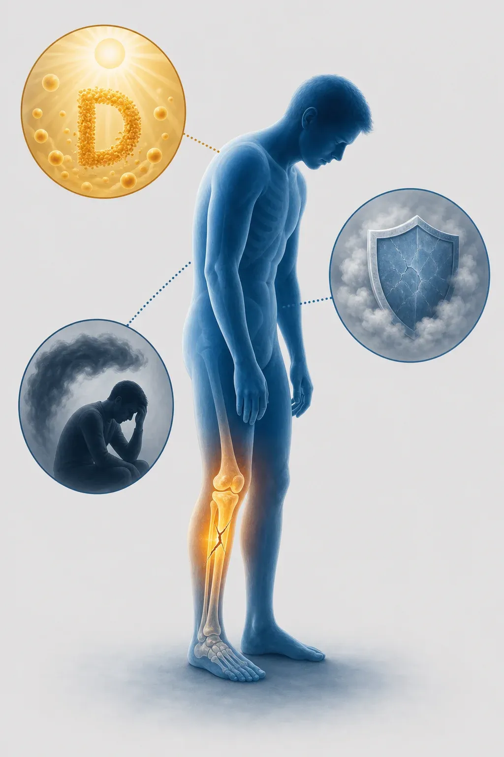 Silhouette humaine illustrant les symptômes de carence en vitamine D : fatigue, douleurs osseuses, immunité affaiblie