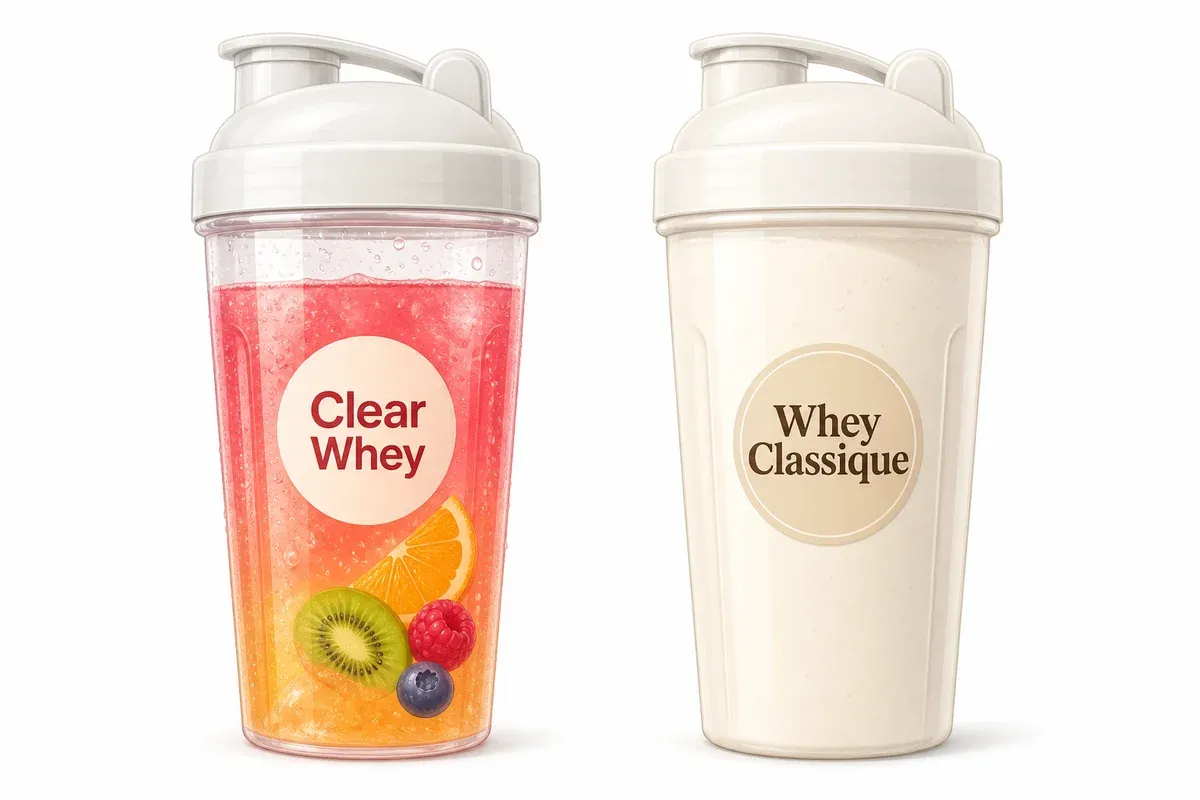 Comparaison entre shaker de clear whey transparent et whey classique crémeuse