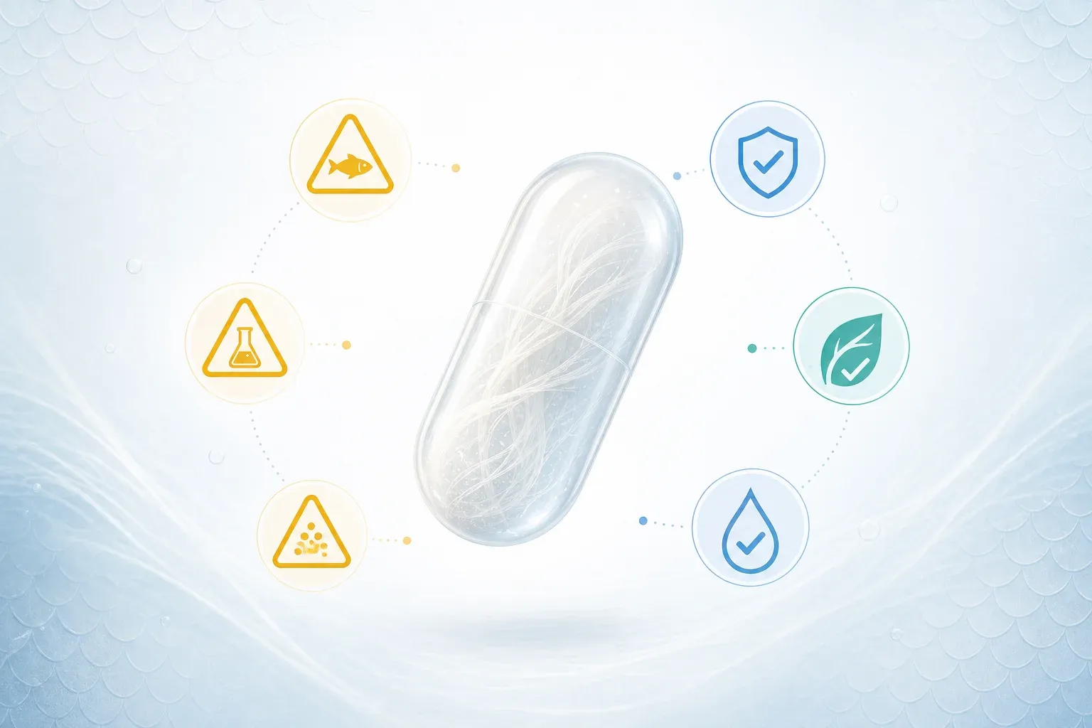 Capsule de collagène marin translucide entourée de pictogrammes d'avertissement et icônes de sécurité médicale