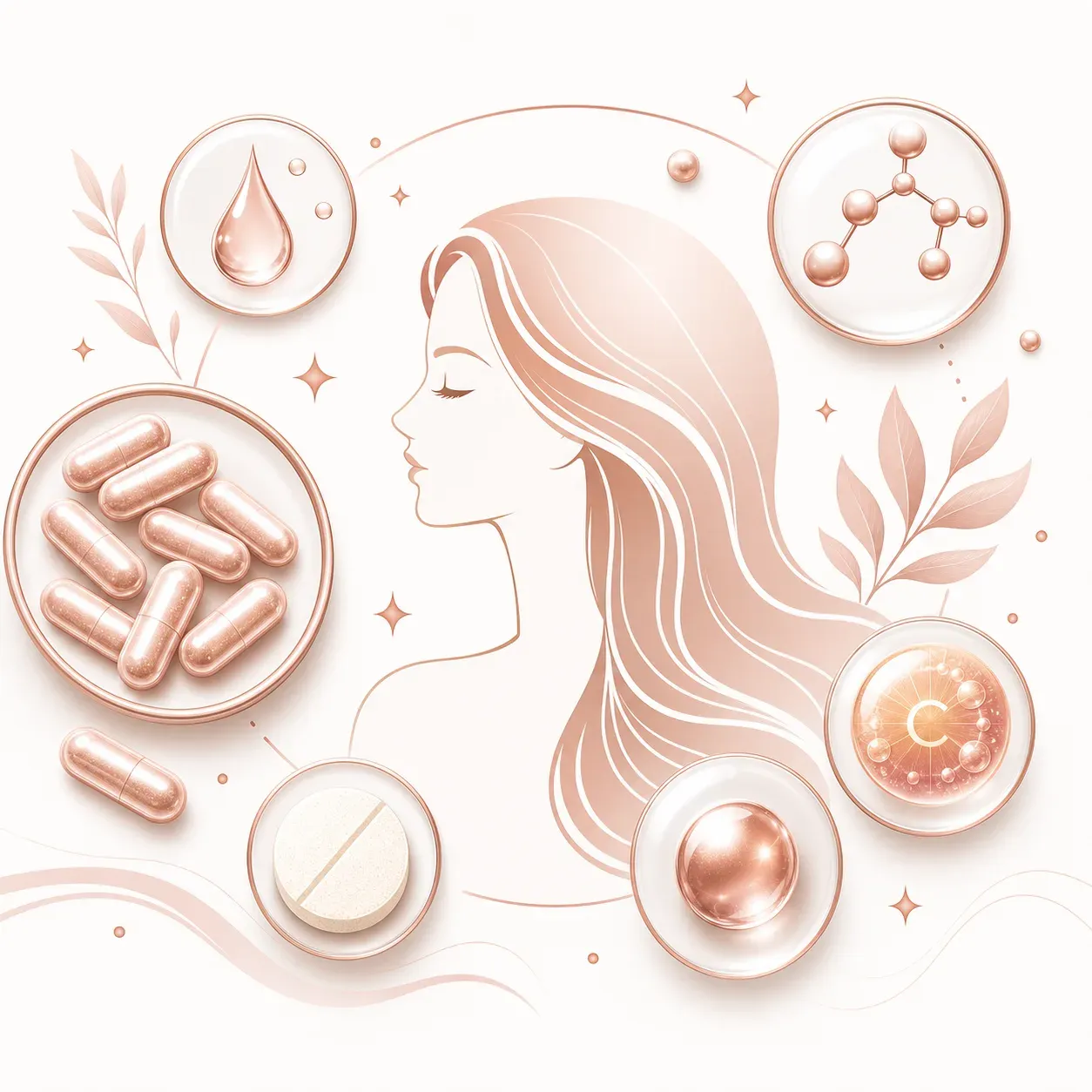 Illustration des compléments beauté : gélules de collagène, biotine, vitamine C et zinc autour de silhouettes peau et cheveux, palette rose et blanc