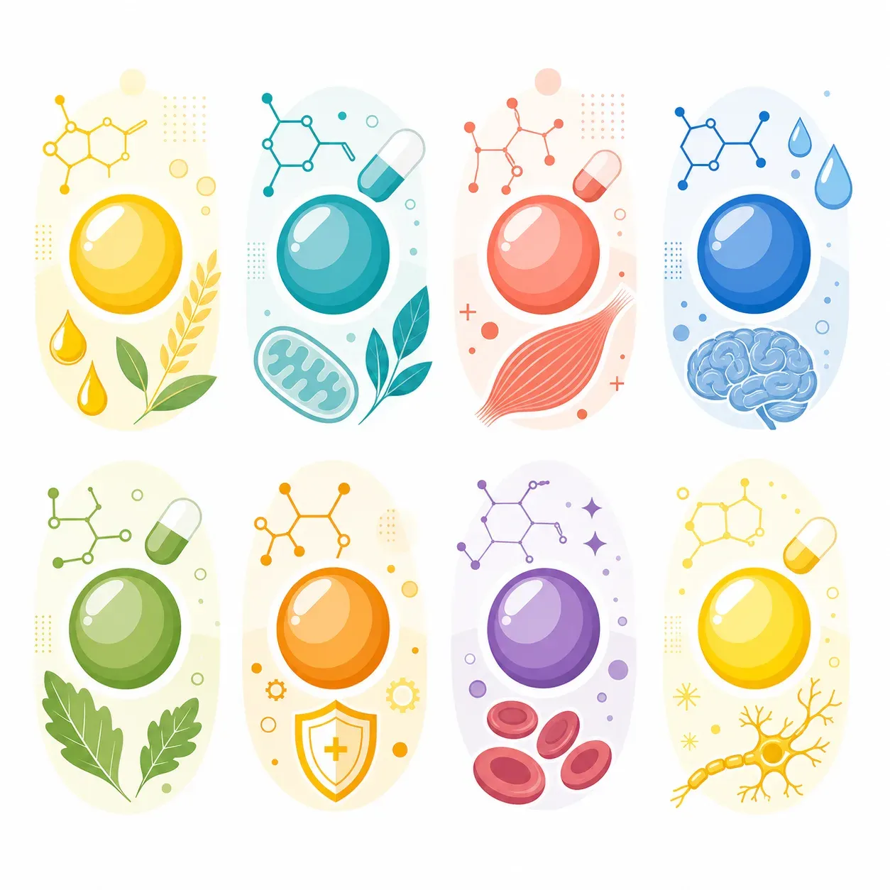 Illustration des 8 vitamines du complexe B (B1 à B12) en grille colorée sur fond blanc, style éditorial scientifique