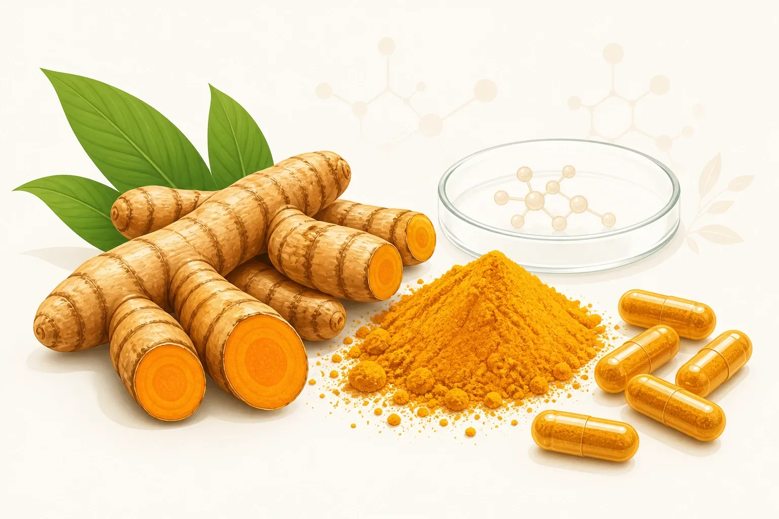 Rhizome de curcuma frais, poudre dorée et gélules standardisées pour illustrer la curcumine