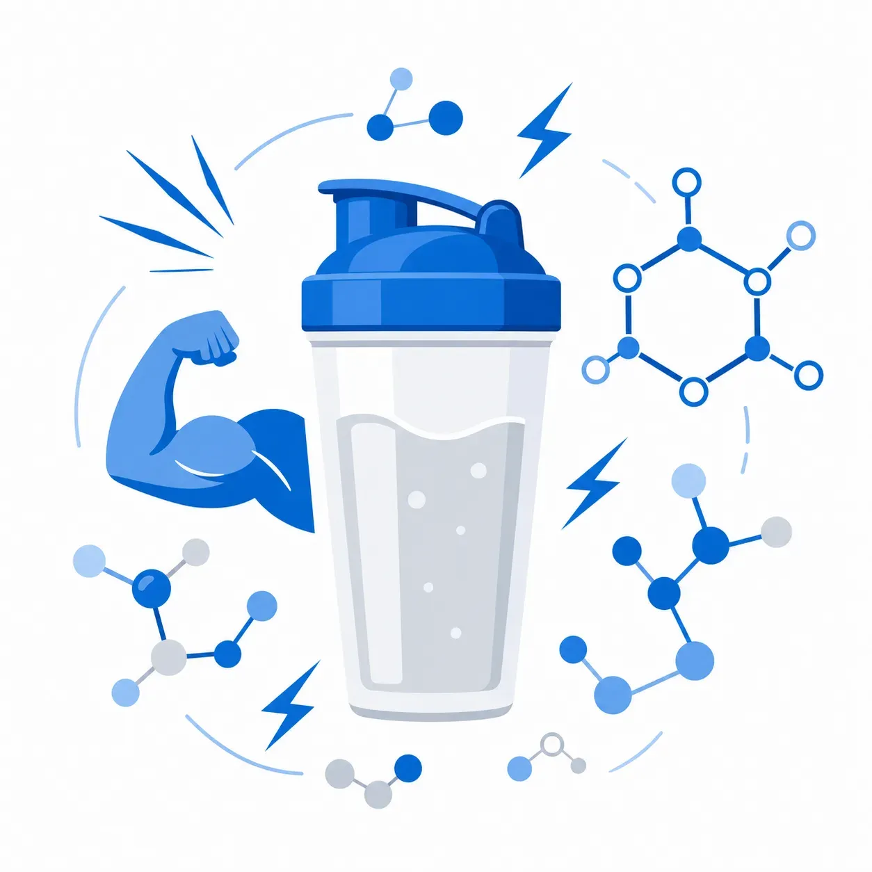 Illustration d'un shaker de nutrition sportive avec molécules de protéines et glucides, concept prise de masse, palette bleu et blanc
