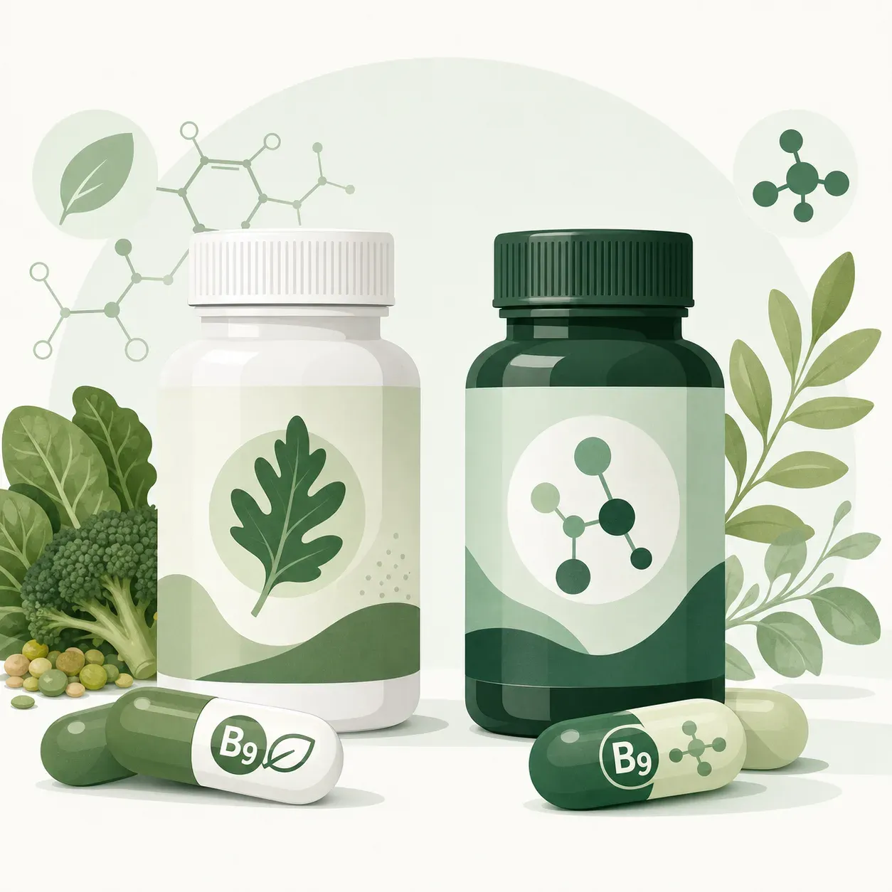 Comparatif des meilleurs suppléments d'acide folique et méthylfolate : illustration flacons B9, style éditorial vert