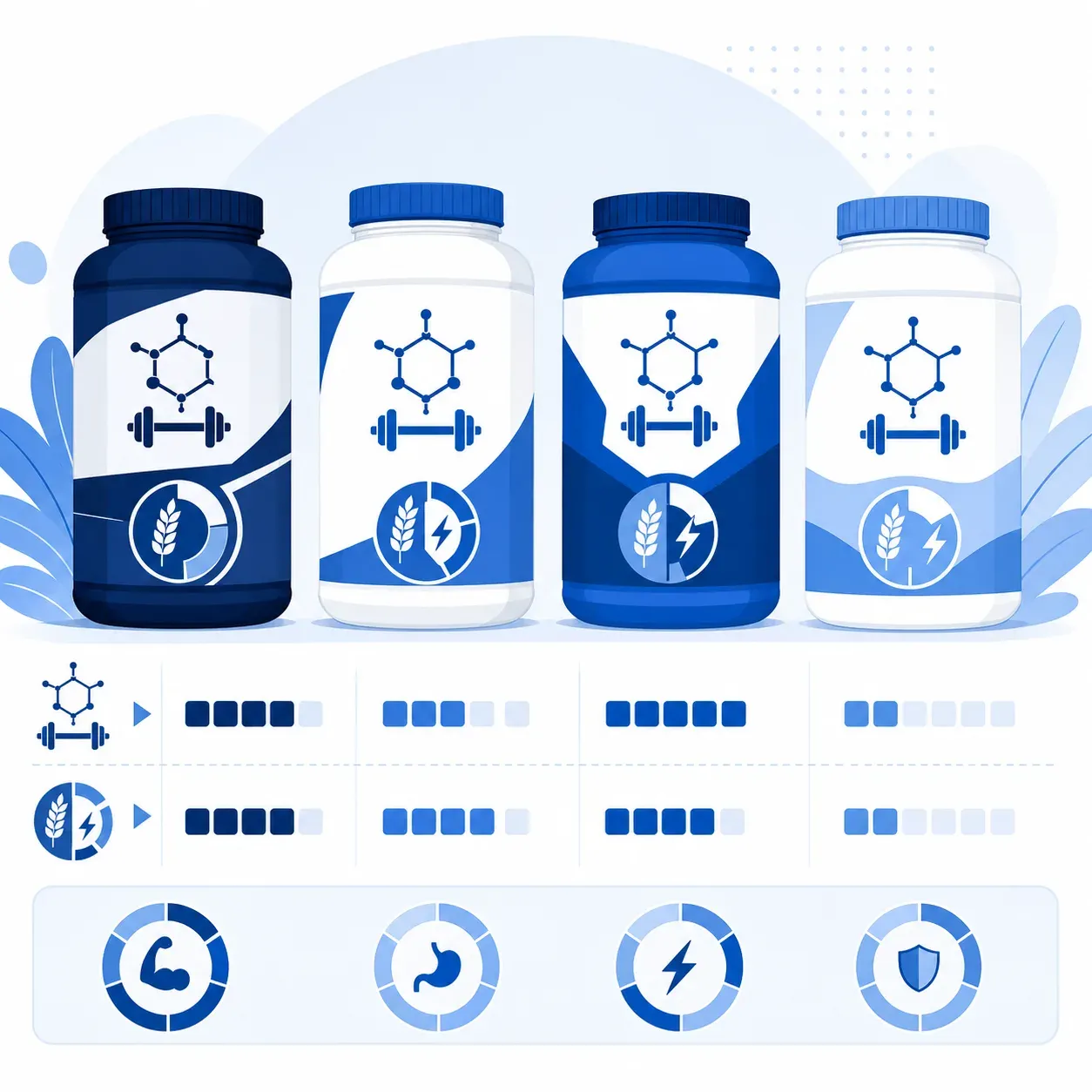 Comparatif des meilleurs mass gainers : pots de nutrition sportive avec icônes ratio protéines/glucides, palette bleu et blanc