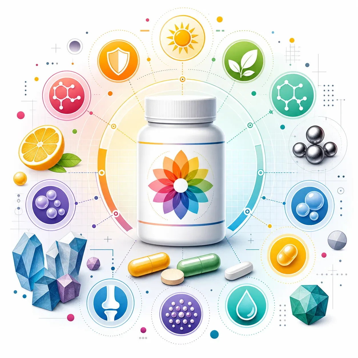 Comparatif des meilleurs multivitamines : flacon entouré d'icônes vitamines A, B, C, D, E, zinc et fer, style scientifique coloré