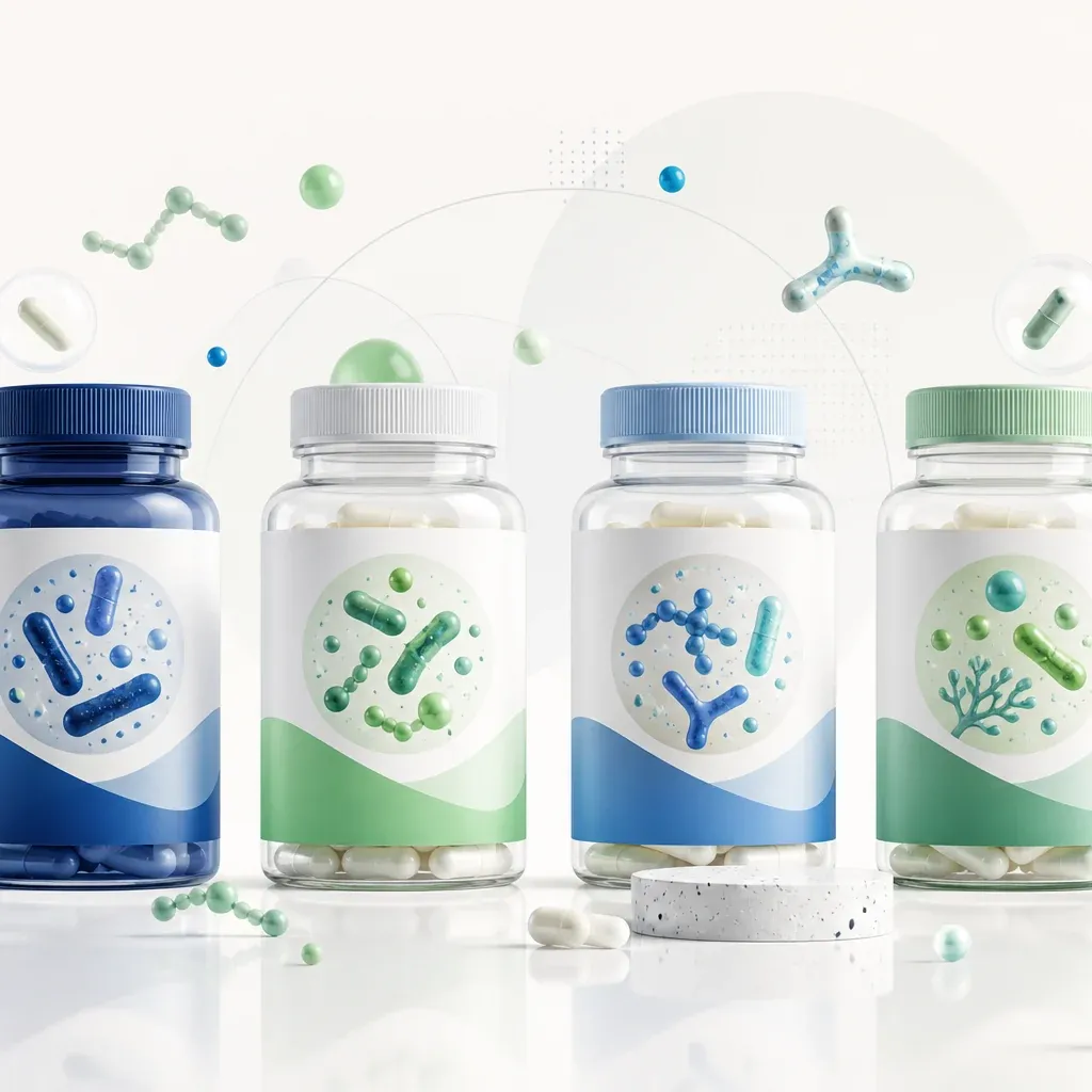 Quatre flacons de probiotiques avec capsules et micro-organismes stylisés sur fond scientifique neutre