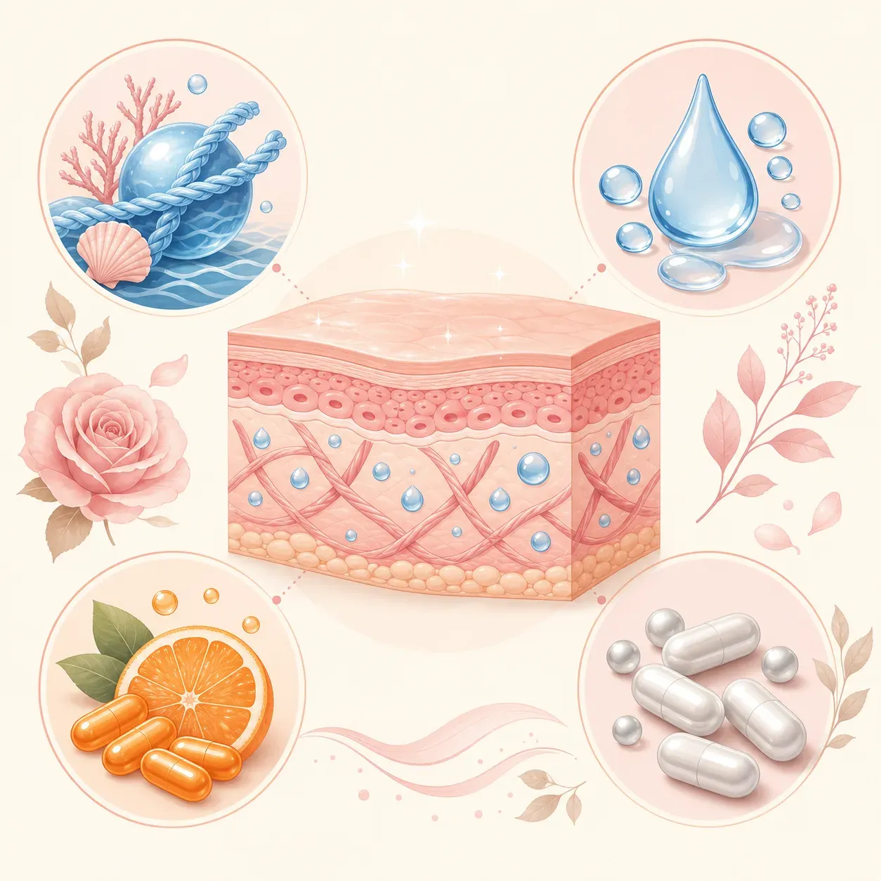 Comparatif des compléments beauté peau : collagène marin, acide hyaluronique, vitamine C, zinc avec diagramme coupe de peau, palette rose crème