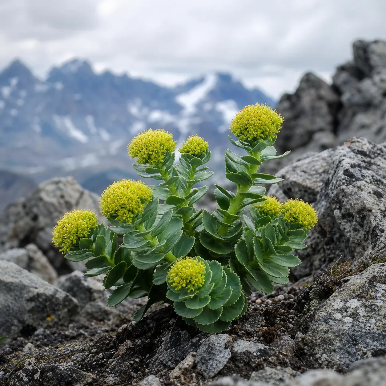 Plante de rhodiole aux fleurs jaunes poussant entre des rochers, avec montagnes en arrière-plan