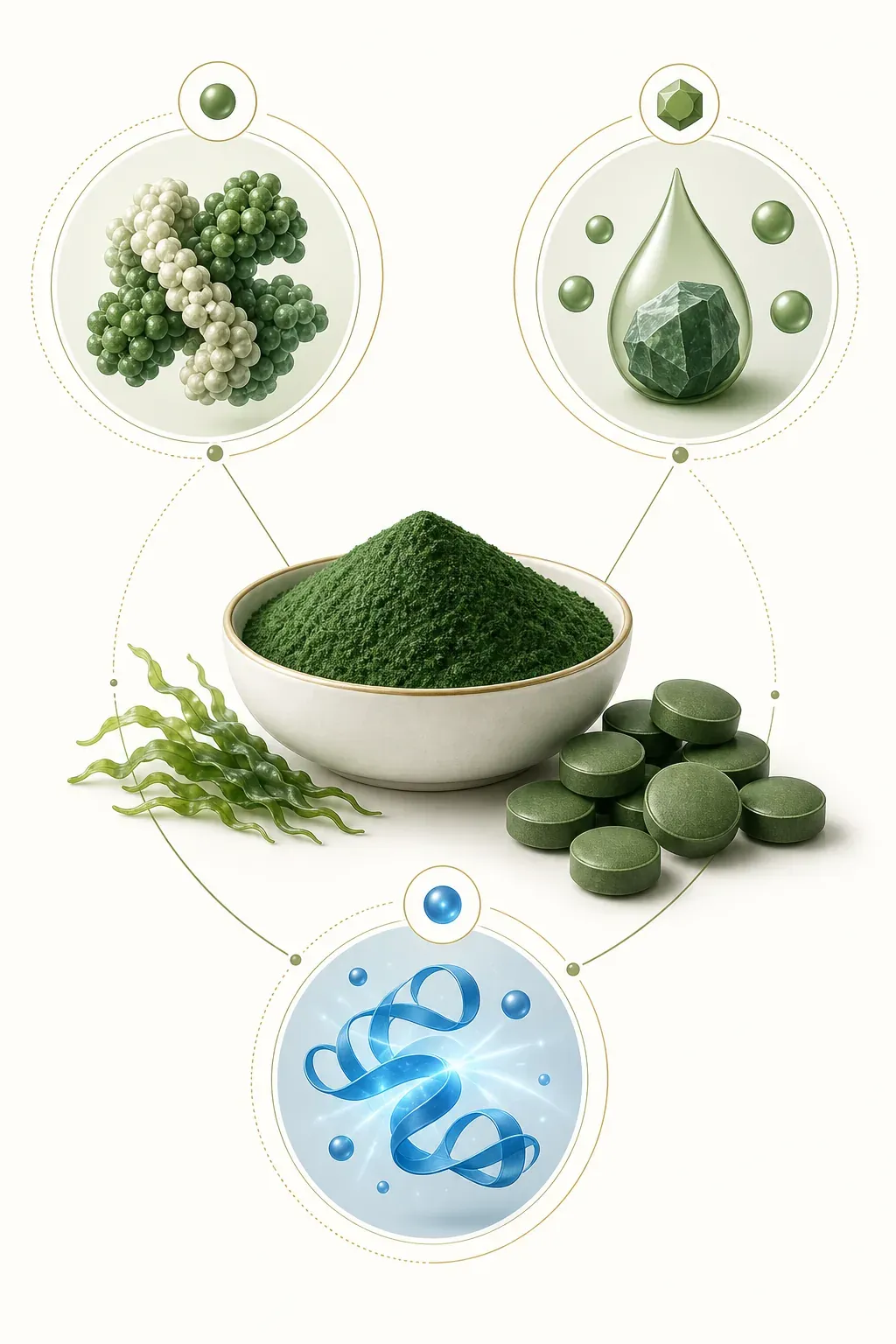 Composition de la spiruline avec poudre, comprimés, protéines, fer et phycocyanine bleue