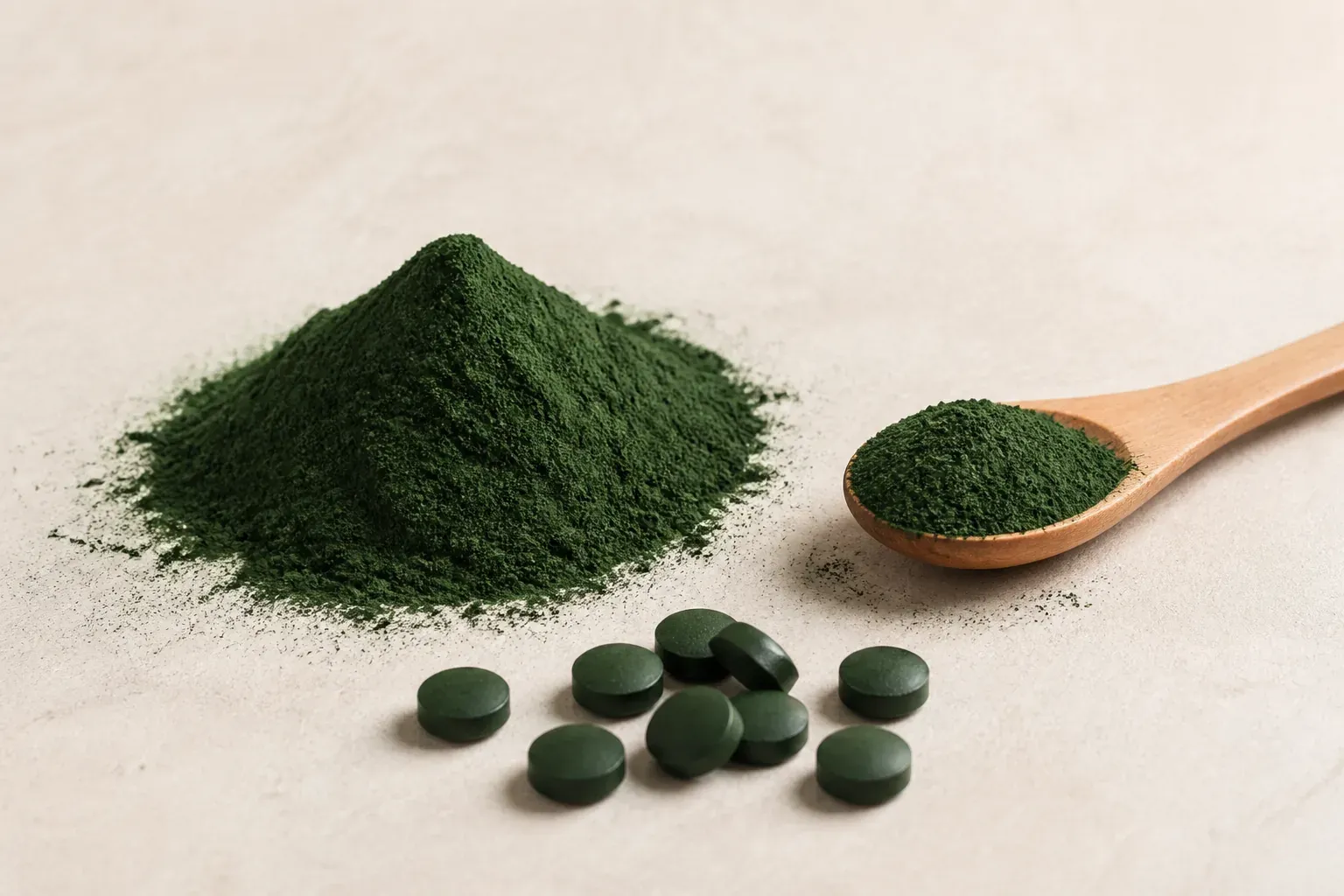 Spiruline en poudre vert foncé, comprimés et spatule en bois sur fond neutre clair