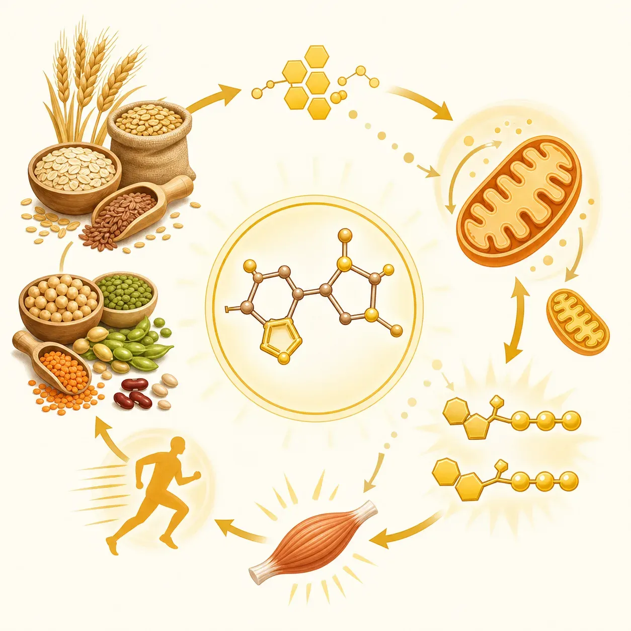 Illustration de la thiamine vitamine B1 avec diagramme du métabolisme énergétique, mitochondries et céréales complètes, tons jaunes