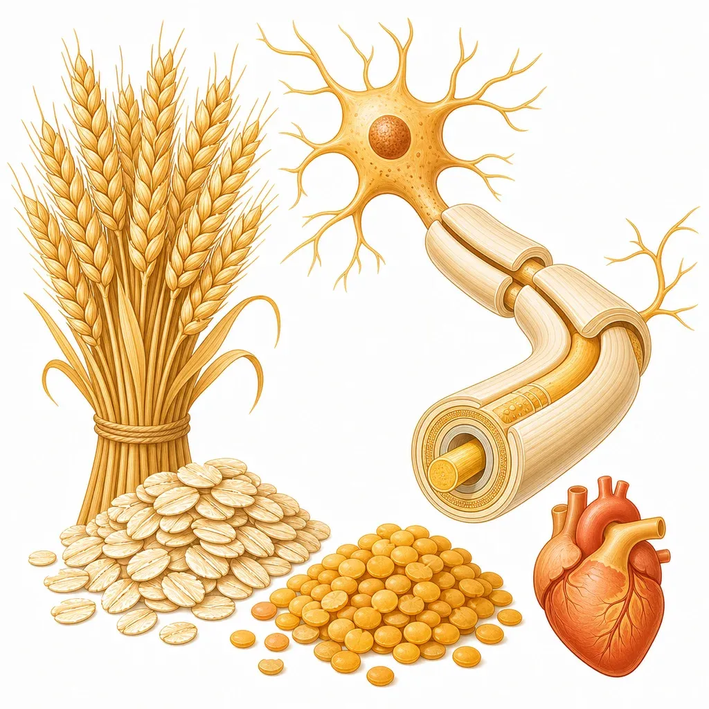 Céréales complètes, lentilles et neurone myélinisé illustrant le rôle de la vitamine B1 thiamine dans l'énergie nerveuse