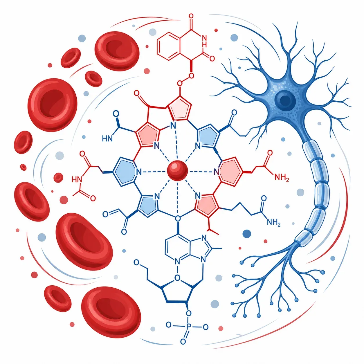 Illustration de la vitamine B12 cobalamine avec globules rouges et cellule nerveuse, style infographie santé scientifique