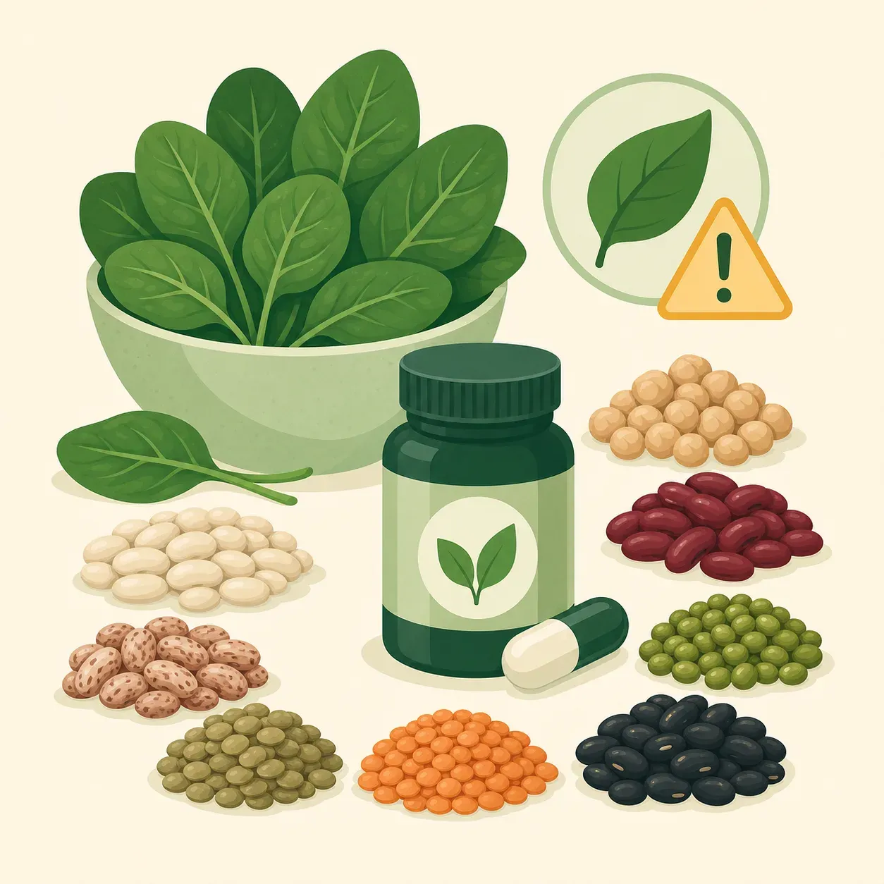 Illustration végane : aliments végétaux et gélule de B12 avec symbole d'alerte indiquant le risque de carence en cobalamine