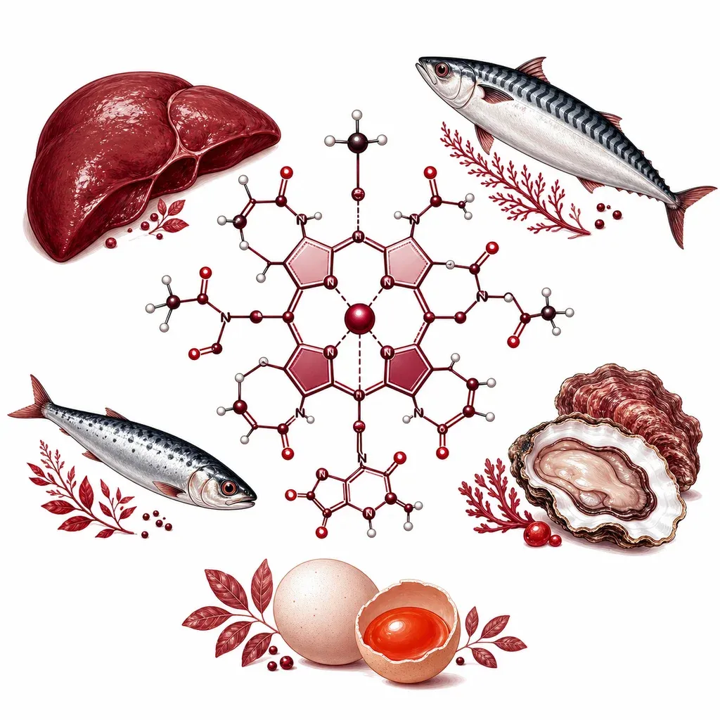 Foie, poissons gras, huîtres et œufs entourant la méthylcobalamine — sources et structure de la vitamine B12