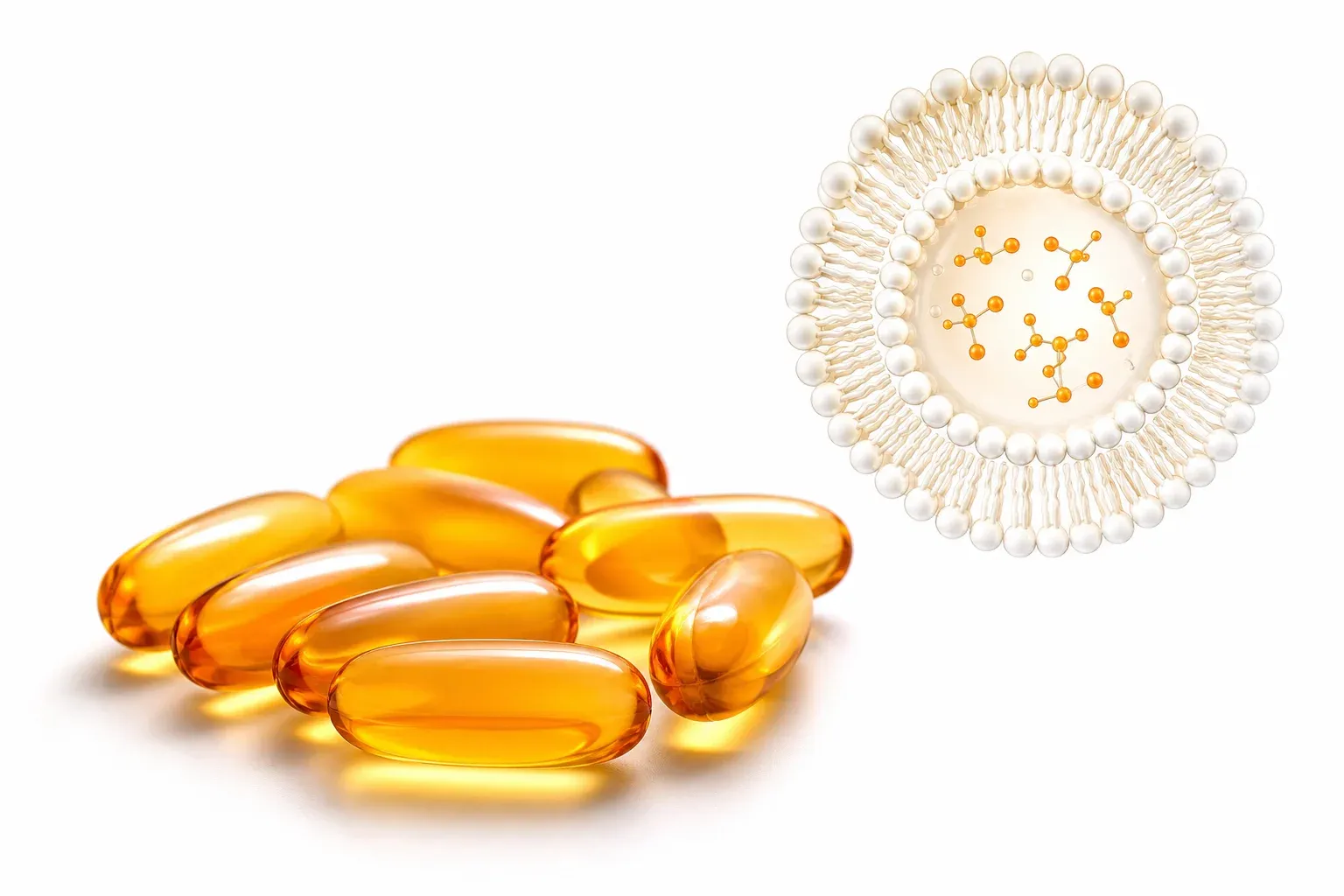 Gélules orangées de vitamine C liposomale avec représentation schématique d'un liposome à phospholipides sur fond blanc