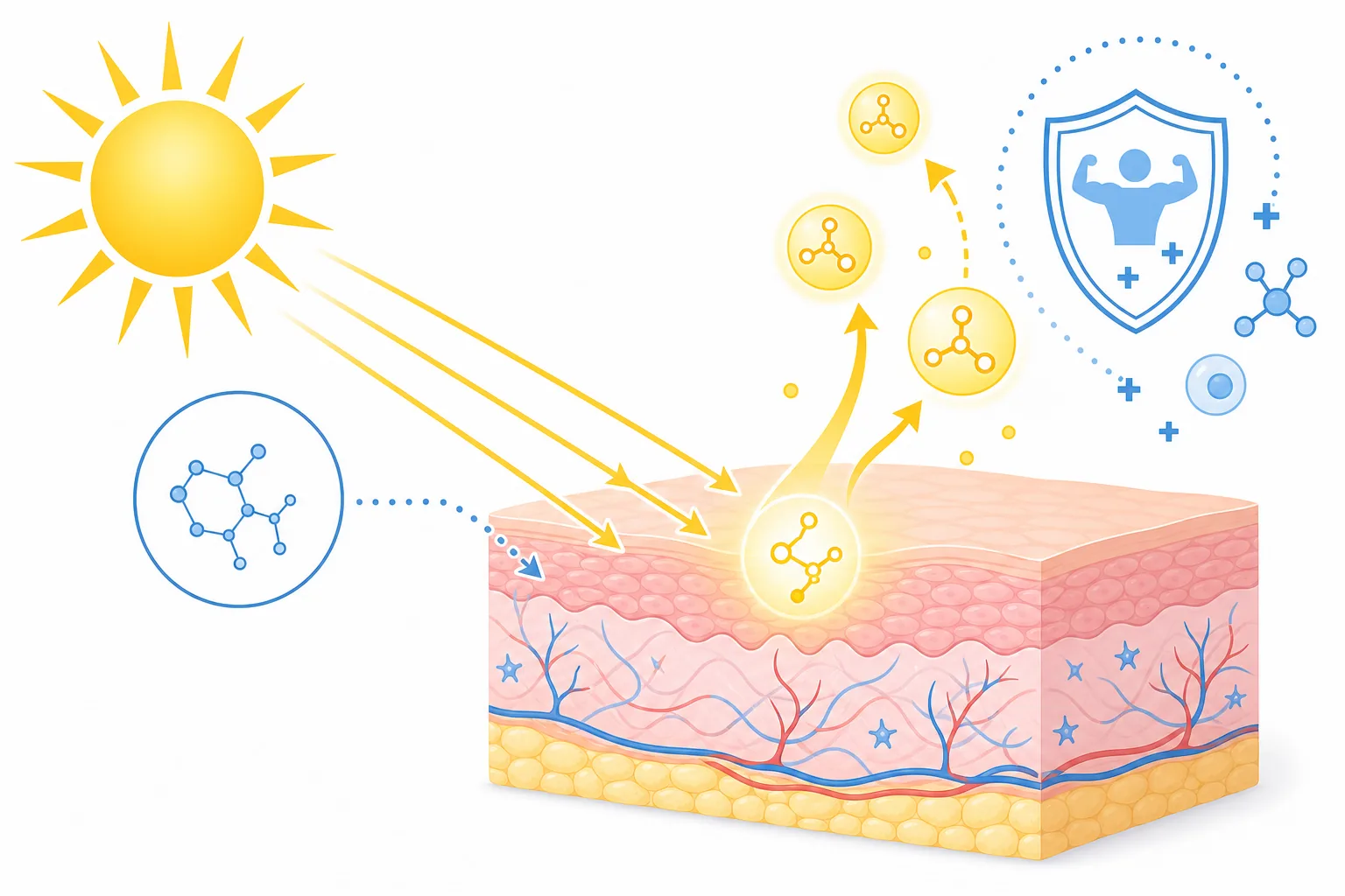 Schéma de synthèse cutanée de la vitamine D sous l'effet des rayons UVB et de la peau exposée