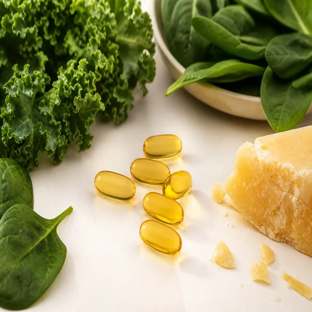 Vitamine K2 : gélules, légumes verts et fromage affiné — sources et supplémentation