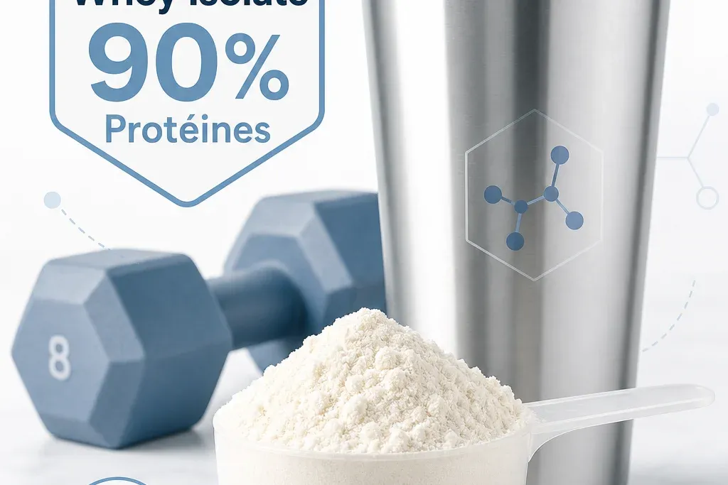 Poudre de whey isolate avec shaker et haltères symbolisant la musculation